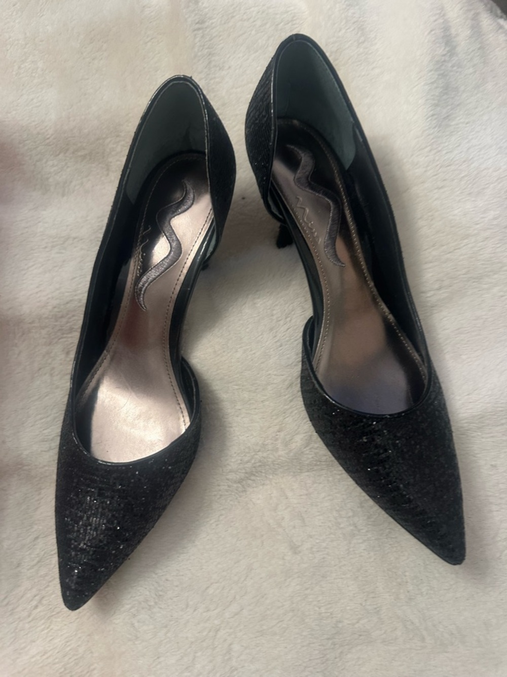 Nina Black Pointed-Toe Glitter Stiletto Pumps